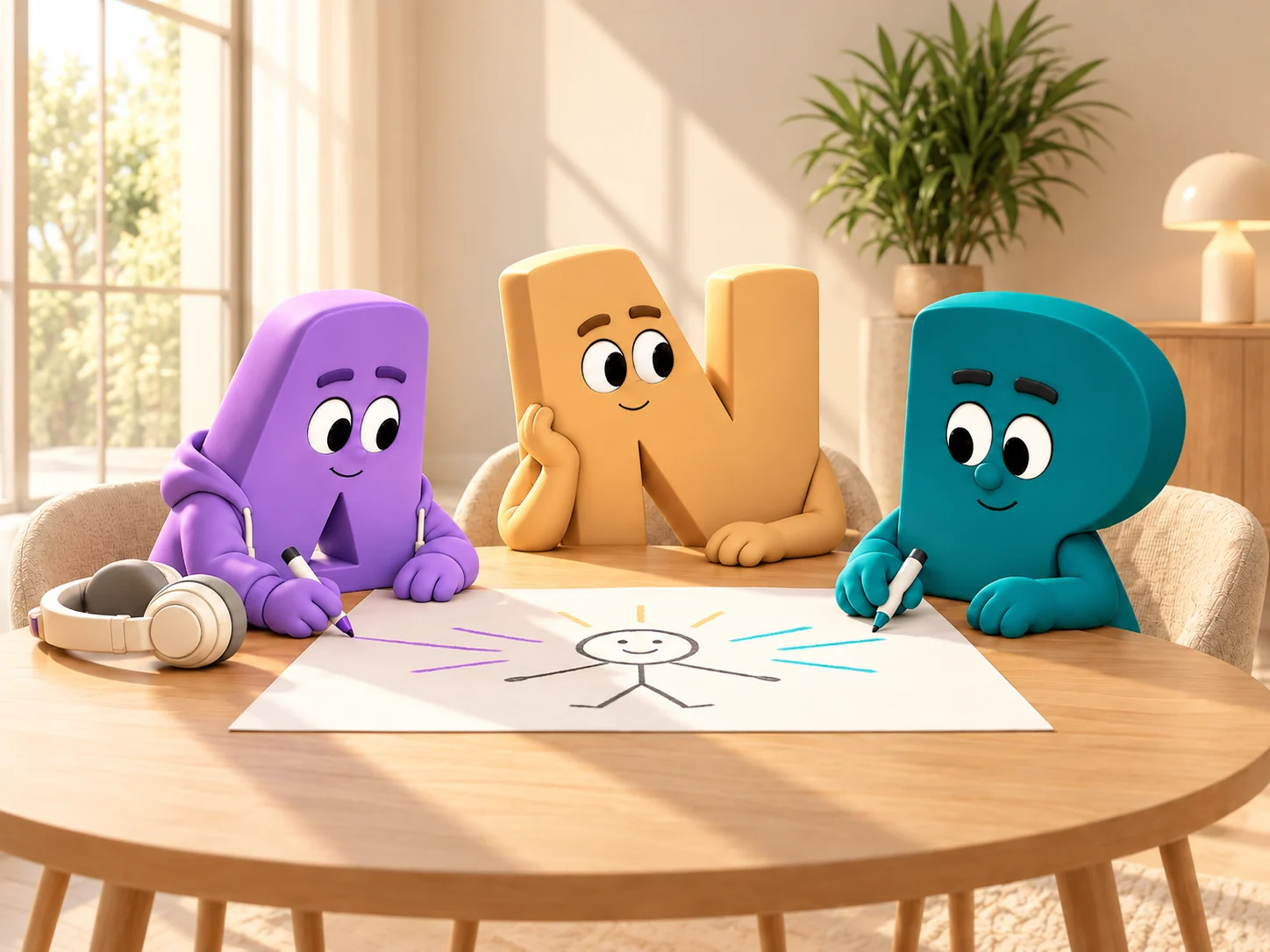 A et P écrivent autour d’un dessin avec N au centre, dans une exploration parent-ado.