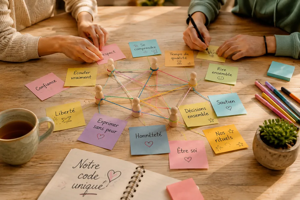 Parent et adolescent construisant leur code commun à l’aide de post-it, de figurines et de fils colorés