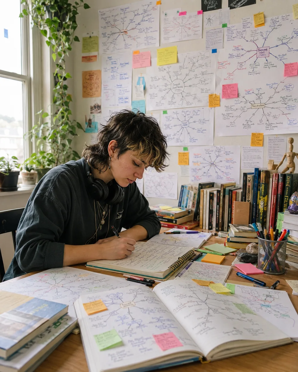 Un espace de travail couvert de cartes mentales et de notes