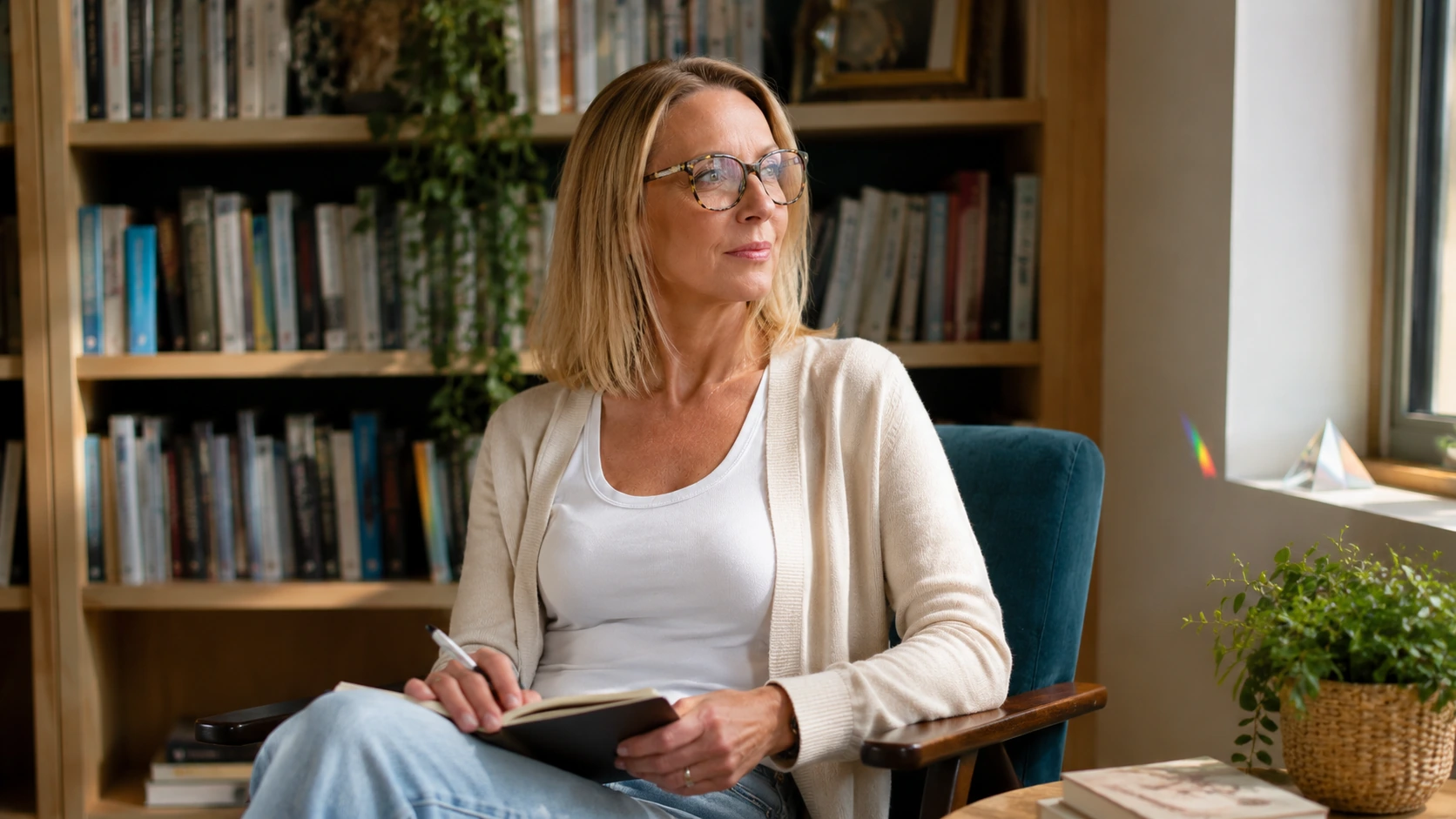 Nathalie dans son espace de travail lumineux, fauteuil pétrole et bibliothèque