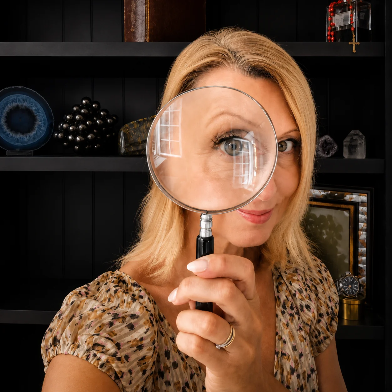Nathalie observe à travers une loupe